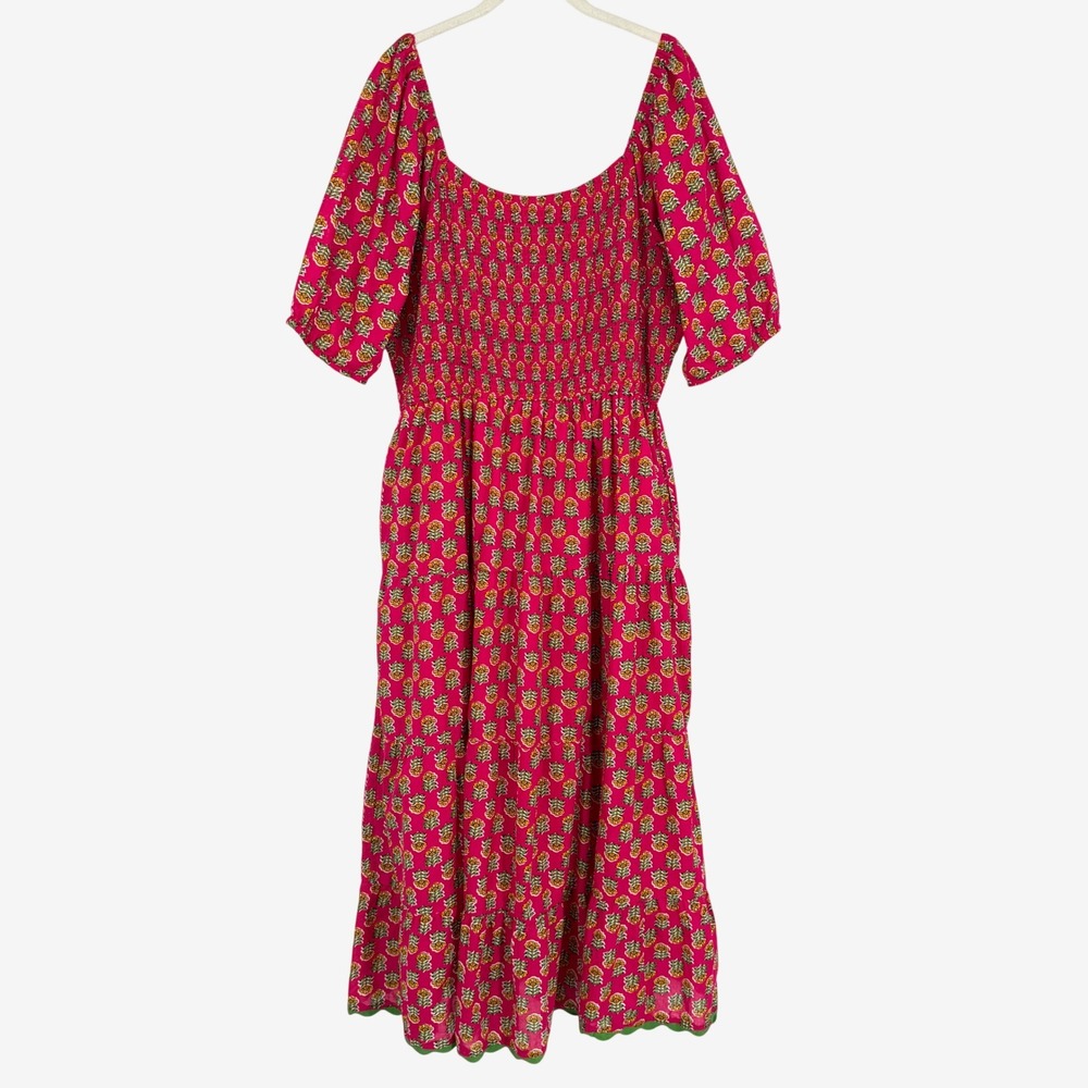 Lea Tiered Maxi Dress Pink Green Block Print Smocked Puff Sleeve Scalloped 2X